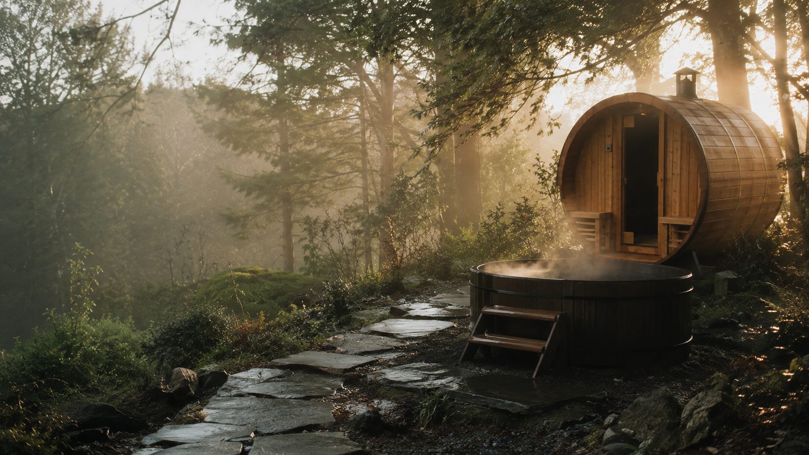 Cedar sauna and cold plunge in a misty Sussex clearing